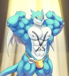 2016 abs anthro areola bandai_namco biceps big_abs big_biceps big_muscles big_pecs biped blue_body clothed clothing countershading digimon digimon_(species) digital_media_(artwork) exveemon flexing flexing_bicep flexing_both_biceps hi_res horn male muscular muscular_anthro muscular_male nipples pecs simple_background smile solo tail underwear underwear_only viridianvariant white_body white_countershading