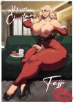  1girl artist_name belt black_footwear blonde_hair bodysuit border breasts breasts_out brown_belt character_name choker cookie couch cum cum_in_container cum_in_cup elbow_gloves fajji_(jujunaught) food fur-trimmed_gloves fur_trim futanari glasses gloves grin high_heels highres huge_breasts indoors jujunaught lipstick_mark long_hair looking_at_viewer merry_christmas milk nipples on_couch one_eye_closed original outside_border penis penis_out red_bodysuit red_gloves sitting smile solo teeth testicles white_border white_choker 