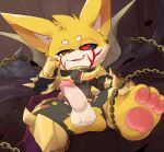 3_toes armor balls bodily_fluids chain clothing cute_fangs demonic erection feet fur genital_fluids genitals glans hi_res league_of_legends markings pawpads paws penis precum riot_games smite_(artist) smite_(character) soles toes torn_clothing wings yellow_body yellow_fur yordle