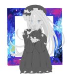  1girl abigail_williams_(fate) bad_drawr_id bad_id blue_eyes border bow covering_own_mouth dress fate/grand_order fate_(series) greyscale_with_colored_background hair_bow hands_up hat holding holding_wand keyhole long_hair long_sleeves looking_at_viewer mcr multicolored_background oekaki outside_border pentacle sleeves_past_fingers sleeves_past_wrists solo spot_color square straight-on upper_body wand white_border 
