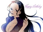  1girl amaguri_op black_hair blue_jacket breasts cleavage close-up commentary_request eyewear_on_head happy_birthday jacket long_hair looking_to_the_side nico_robin one_piece sidelocks simple_background smile upper_body white_background zipper 