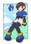  1girl aile_(mega_man_zx) black_bodysuit blue_jacket blush_stickers bodysuit brown_hair closed_eyes cropped_jacket floating highres jacket mega_man_(series) mega_man_zx model_x_(mega_man) robot_ears short_hair shorts smile touhou3939 white_shorts 