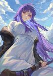  1girl absurdres black_robe blunt_bangs breasts cigma cloud cut_bangs dress fern_(sousou_no_frieren) from_below highres holding holding_staff large_breasts mage_staff parted_lips purple_eyes purple_hair purple_pupils robe sitting sky solo sousou_no_frieren staff white_dress 