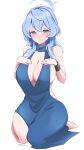  1girl @_@ absurdres ako_(blue_archive) ako_(dress)_(blue_archive) blue_archive blue_dress blue_eyes blue_hair blue_halo breasts cleavage closed_mouth dress evening_gown halo hands_on_own_chest highres large_breasts looking_at_viewer medium_hair official_alternate_costume sideless_dress sideless_outfit simple_background single_handcuff sitting sleeveless sleeveless_dress smile solo takoroki white_background 