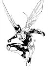  1boy absurdres armor blue_beetle clenched_hands dan_mora dc_comics english_commentary greyscale highres lineart looking_at_viewer male_focus mask mechanical_wings midair mixed-language_commentary monochrome official_art power_armor science_fiction spanish_commentary superhero western_comics_(style) wings 