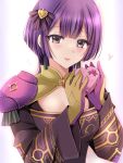  1girl armor bernadetta_von_varley black_eyes black_ribbon blush box closed_mouth commentary_request fire_emblem fire_emblem:_three_houses gloves hair_ribbon heart heart-shaped_box kirishima_riona lips long_sleeves looking_at_viewer mixed-language_commentary pauldrons purple_gloves purple_hair ribbon short_hair shoulder_armor simple_background smile solo two-tone_gloves white_background yellow_gloves 