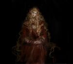  1girl a_song_of_ice_and_fire absurdres all_lee24 black_background blonde_hair cersei_lannister dress gem graphite_(medium) green_eyes green_gemstone highres jewelry long_hair portrait red_dress robe simple_background sitting solo tiara traditional_media 