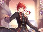  1boy black_jacket ensemble_stars! feathers highres jacket long_sleeves male_focus multicolored_hair orange_eyes red_hair red_vest sakasaki_natsume short_hair_with_long_locks smile solo stained_glass sunlight take_no_ko teeth vest white_hair yellow_feathers 