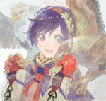  1boy animal_on_shoulder bad_drawr_id bad_id beads beak bird bird_on_hand bird_on_shoulder black_hair blurry coat eagle gloves grey_eyes hair_beads hair_ornament hairband high_collar long_sleeves looking_at_viewer male_focus nishihara_isao oekaki open_mouth original purple_hair red_gloves rope short_hair smile solo vulture 