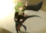  1girl arm_behind_back armor black_armor black_cape black_shorts brown_pantyhose byleth_(female)_(fire_emblem) byleth_(fire_emblem) cape closed_mouth commentary enlightened_byleth_(female) fire_emblem fire_emblem:_three_houses floating_hair green_eyes green_hair hair_between_eyes hand_on_own_head long_hair navel pantyhose robaco shorts solo sunlight symbol-only_commentary 