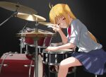  1girl absurdres ahoge blonde_hair blue_skirt blush bocchi_the_rock! bow brown_eyes collared_shirt cymbals drum drum_set drumsticks highres holding holding_drumsticks ijichi_nijika instant_(ioarthus) instrument light_particles long_hair looking_at_viewer one_eye_closed pleated_skirt red_bow shirt side_ponytail sitting skirt smile solo v white_shirt 