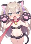  1girl :o @_@ animal_ear_fluff animal_ears animal_hands bangs bare_shoulders bell black_gloves blush bow brown_hair cat_ears cat_girl cat_tail collar commentary_request fangs fur_bikini gloves grey_eyes hair_between_eyes hair_bow hair_ornament hairclip hands_up highres jingle_bell kokone_(coconeeeco) leash long_hair navel neck_bell open_mouth original paw_gloves purple_bow red_collar solo tail two_side_up very_long_hair 