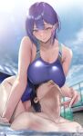  1boy 1girl absurdres bare_arms bare_shoulders black_hair blue_hair blue_one-piece_swimsuit blush breasts chain-link_fence cleavage collarbone colored_inner_hair commentary_request fence gentsuki highleg highleg_swimsuit highres large_breasts multicolored_hair one-piece_swimsuit original outdoors parted_lips pool purple_hair smile swimsuit water 