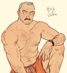  1boy aaron_gruber_(o_natsuo88) abs arm_hair bara beard_stubble cowboy_shot facial_hair grey_hair knee_up male_focus mature_male muscular muscular_male mustache navel navel_hair nipples o_natsuo88 old old_man original pectorals receding_hairline scar scar_on_cheek scar_on_face short_hair sideways_glance solo sparse_arm_hair sparse_chest_hair stomach stubble thick_eyebrows thick_mustache topless_male wrinkled_skin 