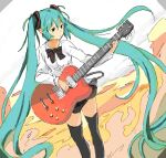  1girl aqua_hair bad_drawr_id bad_id black_bow black_bowtie black_eyes black_thighhighs bow bowtie closed_mouth dot_mouth electric_guitar guitar hair_ornament hatsune_miku holding holding_guitar holding_instrument instrument long_hair long_sleeves looking_at_object multicolored_background oekaki orange_background shirt sidelocks solo standing suya000 thighhighs twintails vocaloid white_background white_shirt 
