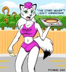 anthro arctic_fox bottomwear bulge canid canine clothing confusion delivery_(commerce) digital_media_(artwork) dogwash drive-in english_text fence food food_delivery fox gynomorph hat headgear headwear hot_dog intersex mammal navel parking_lot plant question_mark shorts simple_background solo text tight_bottomwear tight_clothing tight_short_top tight_shorts tray tree