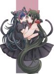  2girls animal_ears bangs bare_arms bare_shoulders black_dress black_gloves black_hair blue_hair brown_hair cat_ears cat_girl cat_tail danganronpa_(series) danganronpa_2:_goodbye_despair danganronpa_v3:_killing_harmony dress gloves hair_horns hand_up harukawa_maki highres hug long_hair midori_(310ri_21) mioda_ibuki mole mole_under_eye mouth_piercing multicolored_hair multiple_girls muscular muscular_female official_alternate_costume pink_eyes pink_hair puffy_short_sleeves puffy_sleeves red_eyes red_scrunchie scrunchie shiny shiny_hair short_sleeves smile strapless strapless_dress tail very_long_hair white_hair 