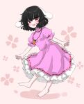  1girl animal_ears bangs barefoot black_hair blush carrot_necklace clover commentary_request dress floppy_ears four-leaf_clover frilled_dress frilled_sleeves frills full_body hair_between_eyes highres inaba_tewi jewelry koharu66353343 looking_at_viewer necklace open_mouth pink_dress puffy_short_sleeves puffy_sleeves rabbit_ears rabbit_girl rabbit_tail red_eyes ribbon-trimmed_dress short_hair short_sleeves smile solo tail touhou wavy_hair 