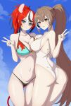  2girls absurdres ahoge animal_ears arm_around_back ass bikini black_bikini_bottom black_hair blue_bikini blue_sky blush breasts brown_eyes brown_hair cloud daydarion hakos_baelz highres hololive hololive_english large_breasts long_hair looking_at_viewer mouse_ears mouse_girl mouse_tail multicolored_hair multiple_girls nanashi_mumei one-piece_swimsuit ponytail red_bikini red_hair sky smile streaked_hair swimsuit tail two-tone_bikini v virtual_youtuber white_hair white_one-piece_swimsuit 