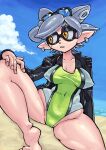 absurd_res animal_humanoid beach big_breasts black_clothing black_topwear breasts cephalopod cephalopod_humanoid clothed clothing cloud donutnaz ear_piercing eyelashes eyewear eyewear_on_head female glasses glasses_on_head green_clothing green_swimwear grey_hair hair hi_res humanoid humanoid_pointy_ears inkling marie_(splatoon) marine marine_humanoid markings mole_(marking) mole_under_eye mollusk mollusk_humanoid navel_outline nintendo nipple_outline one-piece_swimsuit orange_eyes piercing pseudo_hair sea seaside sitting solo splatoon spread_legs spreading squid_humanoid swimwear tan_body tan_skin tentacle_hair tentacles thick_thighs topwear water wide_hips