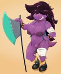  2022 anthro arm_wraps axe big_breasts boots breasts casual_exposure claws clothed clothing deltarune dinosaur female footwear full-length_portrait genitals grin hair hair_over_eyes hand_on_hip hi_res holding_object holding_weapon honeymono leg_wraps melee_weapon nipples partially_clothed portrait pussy reptile scalie smile solo susie_(deltarune) torn_clothing undertale_(series) video_games weapon wraps 