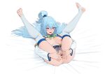  1girl anus aqua_(konosuba) ass blue_eyes blue_hair blue_pubic_hair blush bow breasts carlo_montie clitoris colored_pubic_hair commission detached_sleeves female_pubic_hair folded hair_between_eyes hair_ornament hair_rings highres kono_subarashii_sekai_ni_shukufuku_wo! large_breasts long_hair nipples ohisashiburi_(style) open_mouth pubic_hair pussy shirt skirt solo spread_pussy thighhighs thighs uncensored urethra very_long_hair 