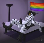 absurd_res anthro avian bed flag furniture gryphon hair hi_res inside knot lamp male markings mythological_avian mythology pride solo stripes zack_gryphon