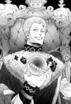  1boy black_background black_clover cloak facial_mark forehead_mark fur-trimmed_cloak fur-trimmed_sleeves fur_trim greyscale holding_orb julius_novachrono looking_at_viewer magic medal monochrome sitting smile solo throne user_ctta5852 