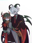  1boy 1girl amasonakius demon_boy demon_girl demon_horns dress funamusea genderswap genderswap_(ftm) genderswap_(mtf) haiiro_teien highres holding holding_leash horns ivlis_(haiiro_teien) leash long_hair looking_at_another multicolored_hair red_eyes reficul_(haiiro_teien) suit two-tone_hair white_hair yellow_eyes 