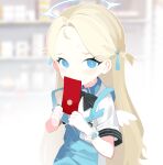  1girl absurdres apron blonde_hair blue_archive blue_eyes blurry blurry_background forehead halo highres hongbao looking_at_viewer qianhui shelf solo sora_(blue_archive) sweatdrop wings 