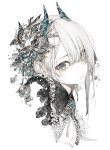  1girl blue_eyes expressionless hair_ornament hair_over_one_eye highres hito_komoru horns looking_at_viewer original parted_lips portrait short_hair simple_background solo white_background white_hair 
