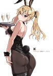  1girl alcohol animal_ears bare_shoulders black_eyes black_leotard black_pantyhose black_ribbon black_tail blonde_hair blush breasts champagne champagne_flute closed_mouth commentary_request cup drinking_glass earrings fake_animal_ears fake_tail hair_between_eyes hair_ornament hair_ribbon hairclip highres jewelry leotard long_hair looking_at_viewer medium_breasts original pantyhose rabbit_ears rabbit_tail ribbon simple_background smile solo tail takanashi_kei_(hitsujikan) translation_request twintails white_background 