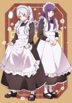  ... 2girls alternate_costume apron aqua_eyes black_dress black_footwear blunt_bangs collared_dress dress earrings elf enmaided fern_(sousou_no_frieren) flower frieren frilled_apron frills full_body hair_over_shoulder highres jewelry long_hair long_sleeves looking_at_viewer looking_down maid maid_apron maid_headdress mary_janes multiple_girls outside_border own_hands_together pantyhose parted_bangs pointy_ears poteke purple_eyes purple_hair red_background shoes sidelocks skirt_hold sousou_no_frieren spoken_ellipsis standing twintails white_apron white_hair white_pantyhose 