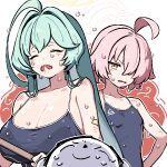  1boy 2girls ahoge angry blue_archive blue_one-piece_swimsuit breasts closed_eyes crying doodle_sensei_(blue_archive) frown green_hair hair_over_one_eye halo hoshino_(blue_archive) kingbawoon large_breasts multiple_girls one-piece_swimsuit open_mouth pink_hair sensei_(blue_archive) simple_background small_breasts smile swimsuit wet white_background yellow_eyes yume_(blue_archive) 