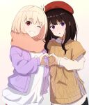  2girls akane_color35 aran_sweater bangs black_hair black_headwear blonde_hair commentary_request grin heart heart_hands highres inoue_takina jacket long_hair lycoris_recoil multiple_girls nishikigi_chisato one_eye_closed open_clothes open_jacket orange_scarf purple_eyes purple_jacket red_eyes scarf shirt short_hair simple_background smile sweater teeth upper_body white_background white_shirt winter_clothes yellow_shirt 