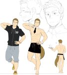  1boy abs apron ass bara biceps black_apron blonde_hair itto_(mentaiko) looking_at_viewer male_focus muscular muscular_male naked_apron necktie nervous original pectorals shoes short_hair sketch smile sneakers thighs waiter 