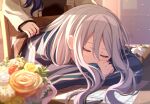  2girls asahina_mafuyu black_shirt blanket blue_jacket bouquet cardigan chair closed_eyes flower grey_hair hair_between_eyes highres holding holding_blanket jacket long_hair mint_ui multiple_girls orange_flower orange_rose pen project_sekai purple_hair red_flower red_rose rose shirt sitting sleeping sleeping_on_desk smile white_flower white_rose yellow_cardigan yellow_flower yellow_rose yoisaki_kanade 