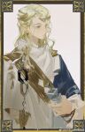  1boy 6_(reverse:1999) absurdres ancient_greek_clothes argyle bishounen blonde_hair blue_eyes blue_shawl chain chinese_commentary chiton closed_mouth collared_shirt commentary_request eyelashes gold_headwear greco-roman_clothes headset highres himation holding light_frown liyuliyuzhou long_hair long_sleeves looking_to_the_side male_focus object_request outside_border reverse:1999 shawl shirt simple_background solo upper_body watermark wavy_hair weibo_logo weibo_username white_background white_shirt white_sleeves wide_sleeves 