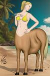 absurd_res beach bikini bikini_top blonde_hair breasts bulge centaur clothing detailed_bulge dragonczech equid equid_taur equine female hair hi_res horse human human_prey humanoid_taur mammal mammal_taur nature seaside swimwear taur taur_pred vore