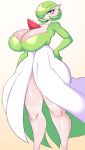 absurd_res big_breasts biped breasts cleavage clothed clothing eyelashes female gardevoir generation_3_pokemon green_hair hair hi_res nintendo not_furry pokemon pokemon_(species) red_eyes saltyxodium simple_background solo thick_thighs white_body