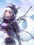  1girl 3_(sanyako1) absurdres animal_ears arknights bangs belt black_headwear breasts closed_mouth clothes_writing crop_top day ears_through_headwear fox_ears fox_girl fox_tail frostleaf_(arknights) frostleaf_(break_the_ice)_(arknights) grey_hair headphones headphones_around_neck highres holding holding_weapon light_rays long_hair looking_at_viewer medium_breasts navel official_alternate_costume outdoors red_eyes snow solo sparkle sunbeam sunlight tail upper_body weapon 