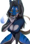  anthro black_collar black_hair black_horn black_sclera blue_body blue_clothing blue_eyes blue_tongue blue_topwear clothed clothing collar cunnilingus_gesture fangs female front_view gesture glistening glistening_eyes hair hi_res horn looking_at_viewer orange_eyes portrait shermugi simple_background solo species_request striped_legs suggestive suggestive_gesture tail_tuft three-quarter_portrait tongue tongue_out topwear tuft unsigned white_background 
