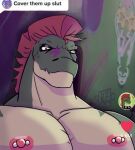  2022 alligator alligatorid animatronic anthro cover_them_up_slut crocodilian detailed_background dian english_text five_nights_at_freddy&#039;s five_nights_at_freddy&#039;s:_security_breach glamrock_bonnie_(fnaf) green_body hair hi_res humor joke lagomorph leporid looking_at_viewer looking_confused machine male mammal markings meme mohawk montgomery_gator_(fnaf) muscular muscular_male nipple_piercing nipples pecs piercing rabbit red_eyes reptile robot scalie scottgames signature simple_background social_media solo text video_games 