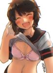 1girl :d arm_at_side artist_name black_sailor_collar blush bow bow_bra bra breasts brown_hair cleavage closed_eyes clothes_lift collarbone commentary dress_shirt ergot facing_viewer hand_up head_tilt kantai_collection lace-trimmed_bra lace_trim lifted_by_self midriff miyuki_(kancolle) navel open_mouth pink_bra sailor_collar school_uniform serafuku shirt shirt_lift short_hair short_sleeves signature simple_background small_breasts smile solo standing underwear upper_body v-shaped_eyes white_background white_shirt 