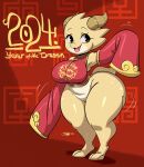 anthro asian_clothing big_breasts biped bottomless bottomless_anthro bottomless_female breasts chinese_clothing chinese_new_year chinese_zodiac clothed clothing east_asian_clothing eyelashes featureless_crotch female hi_res joaoppereiraus kobold open_mouth pupils smile solo thick_thighs tiki_(joaoppereiraus) year_of_the_dragon yellow_body