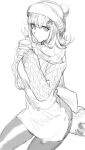  1girl alternate_costume bowknot_huhu danganronpa_(series) danganronpa_2:_goodbye_despair greyscale hands_up highres holding looking_at_viewer monochrome nanami_chiaki pantyhose sitting solo spaceship_hair_ornament sweater 