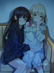  2girls absurdres bangs black_hair blonde_hair blue_hoodie blush closed_mouth commentary_request couch dark frilled_shirt frilled_shorts frills hair_ribbon hand_on_another&#039;s_back hand_on_another&#039;s_hip highres hood hood_down hoodie hug indoors inoue_takina long_hair long_sleeves looking_at_viewer lycoris_recoil multiple_girls nappi0110 nishikigi_chisato purple_eyes red_eyes red_ribbon ribbon shirt short_hair short_twintails shorts sitting smile twintails white_shirt white_shorts yuri 