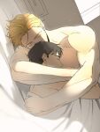  2boys afterglow ao_isami black_hair blonde_hair couple covering_privates cuddling facial_hair kobachi0510 lewis_smith male_focus medium_sideburns multiple_boys nipples nude_cover pectorals sideburns_stubble stubble sunlight thick_eyebrows toned toned_male upper_body yaoi yuuki_bakuhatsu_bang_bravern 
