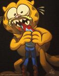 87octane anthro biped blood bodily_fluids bottomwear clothed clothing domestic_cat duo felid feline felis fingers garfield_(series) garfield_the_cat hi_res human jon_arbuckle male mammal pants saturn_devouring_his_son tail