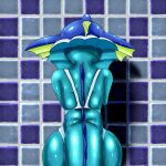 anthro blue_body clothed clothing cottontail eeveelution generation_1_pokemon hi_res male male/male mammal nintendo pokemon pokemon_(species) poolside rear_view solo swimming_pool swimwear tail text vaporeon wall_of_text